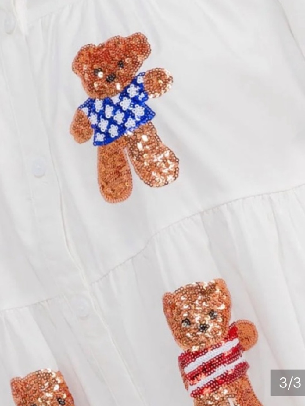 White Puff-Sleeve Tiered Midi Dress with Embroidered Teddy Motifs P2P 20 M - Picture 3 of 3